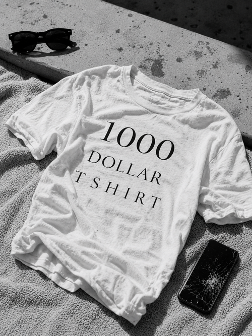 Original $1,000 white t-shirt front view with NFC chip tag - 1000DOLLARTSHIRT