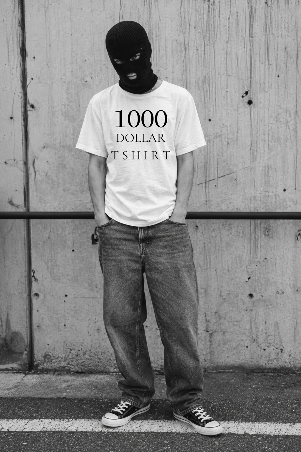 Model wearing $1,000 plain white t-shirt and black balaclava — 1000DOLLARTSHIRT luxury streetwear
