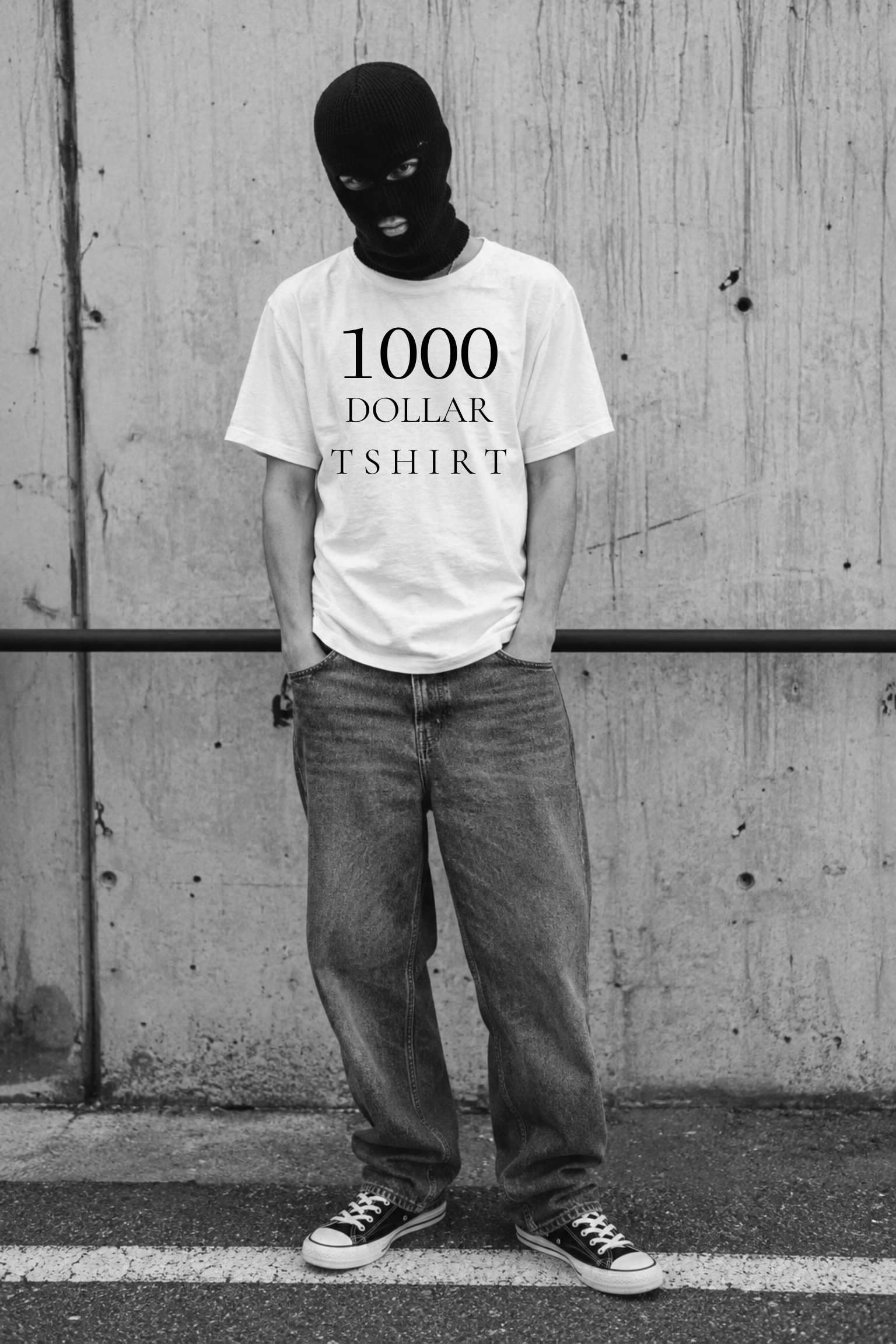 Model wearing $1,000 plain white t-shirt and black balaclava — 1000DOLLARTSHIRT luxury streetwear
