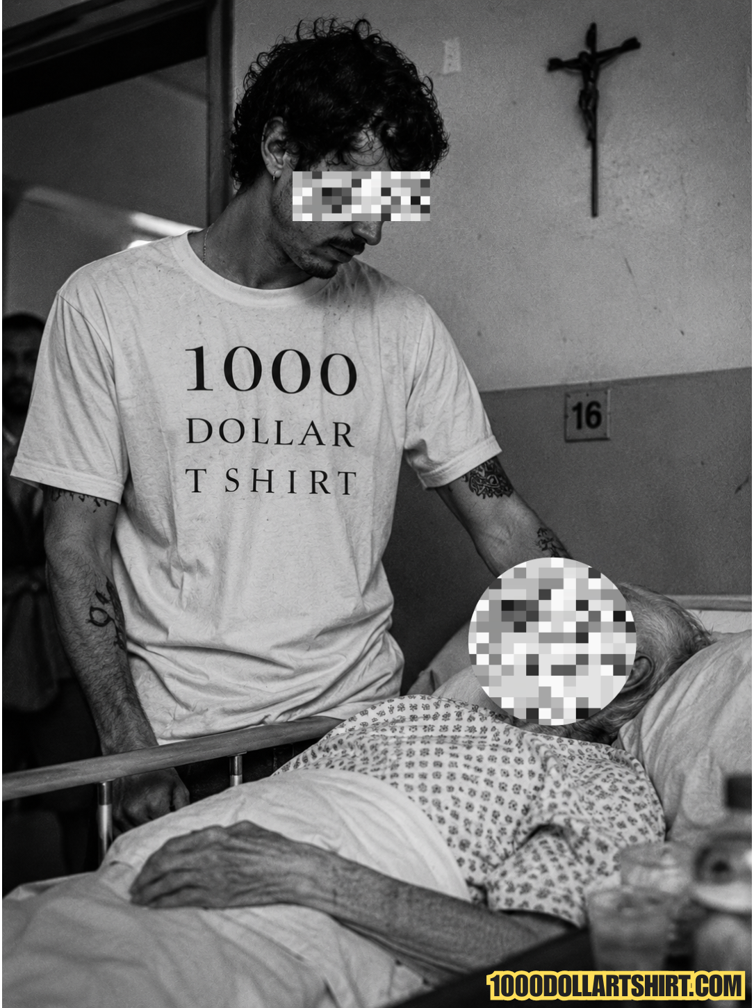 Black and white documentary-style photograph of a young man wearing a 1000 Dollar T Shirt while visiting an elderly patient in a hospital room, gently resting his hand on the patient's shoulder.