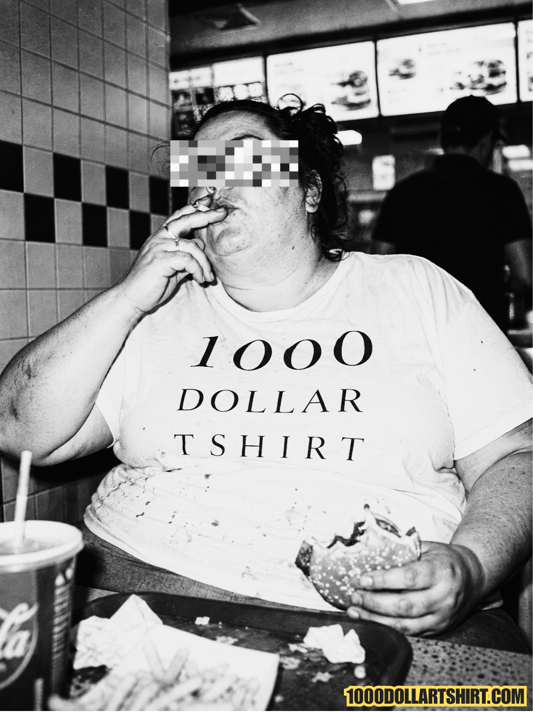 Black and white documentary-style photograph of an overweight woman wearing a stained 1000 Dollar T Shirt while smoking a cigarette and eating a hamburger inside a fast food restaurant.