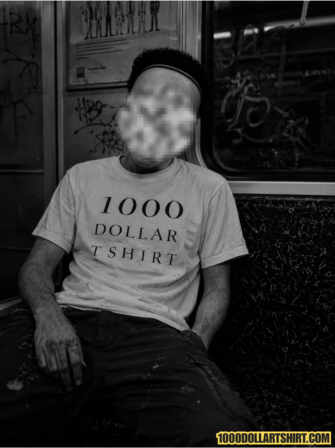 Black and white documentary-style photograph of a young man wearing a 1000 Dollar T Shirt while sitting alone inside a graffiti-covered subway train.